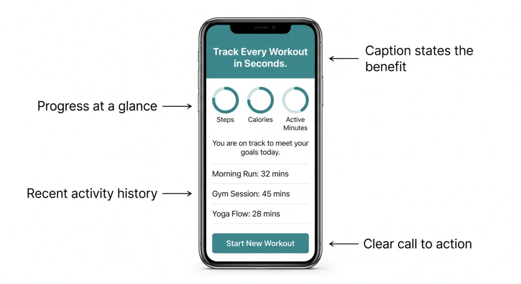 Launching A Mobile App: 13 Effective App Store Optimization Tips 7 Annotated app screenshot example showing a benefit-driven caption, progress indicators, activity history, and a clear call-to-action button