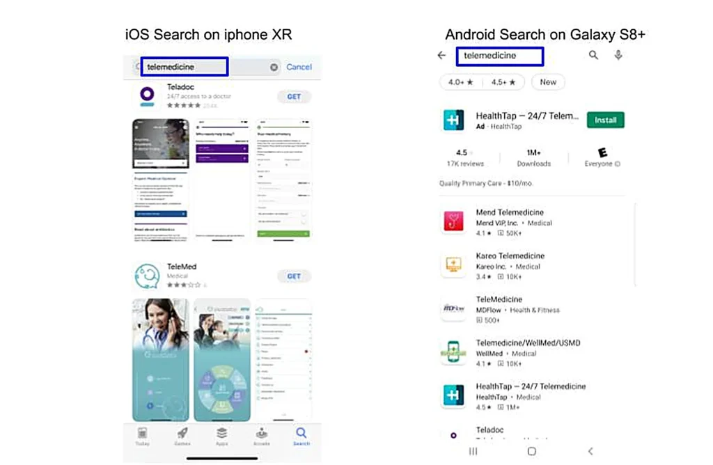 Launching A Mobile App: 13 Effective App Store Optimization Tips 2 Side-by-side iPhone and Android app store search results for "telemedicine," showing two matches on iOS versus a longer scrollable list of results on Android