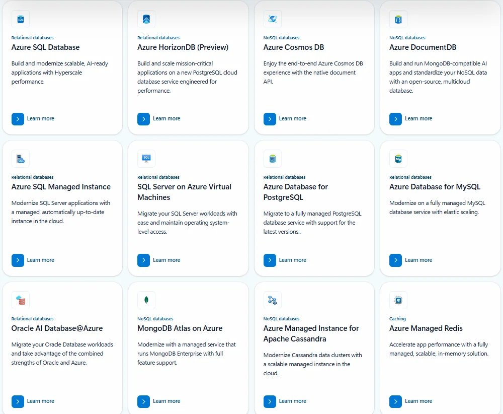 Microsoft Azure database services, including Azure SQL Database, Cosmos DB, and Azure Database for PostgreSQL and MySQL