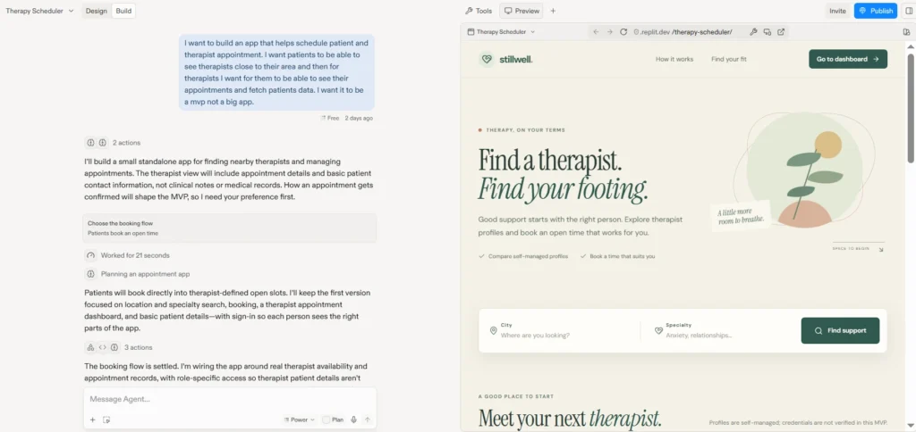 AI App Development with Replit Agent: How to Build a Healthcare App Prototype Using Vibe Coding (Step-by-Step) 1 Replit Agent chat showing the first plain-language prompt, Agent's reply, and its booking flow question, next to a preview of the finished app