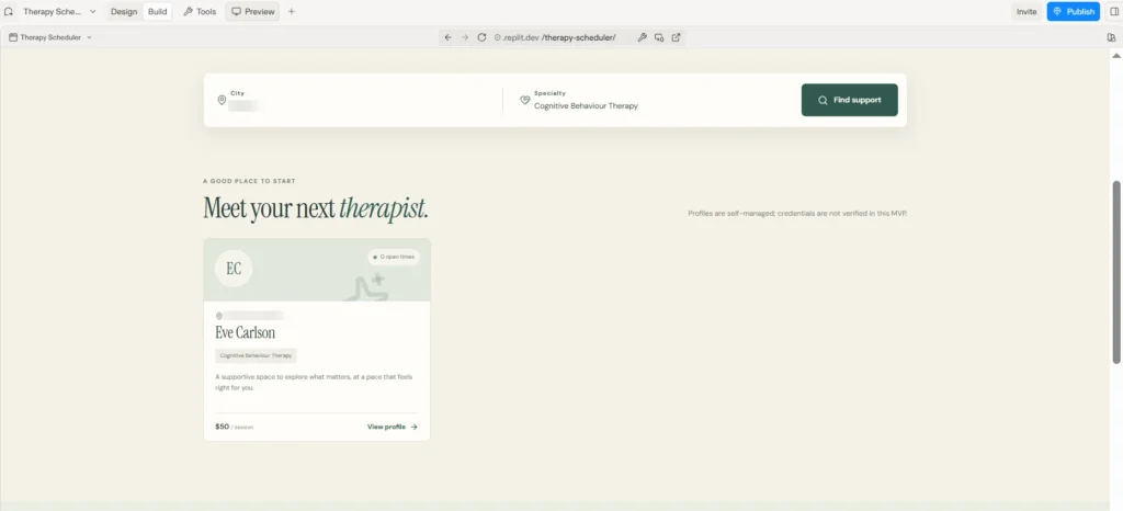 AI App Development with Replit Agent: How to Build a Healthcare App Prototype Using Vibe Coding (Step-by-Step) 6 Patient therapist search filtered by city and specialty, showing one matching therapist with the city blurred