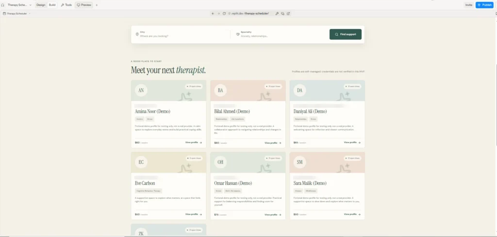 AI App Development with Replit Agent: How to Build a Healthcare App Prototype Using Vibe Coding (Step-by-Step) 2 Therapist search showing six seeded demo therapist profiles labeled Demo, with locations blurred