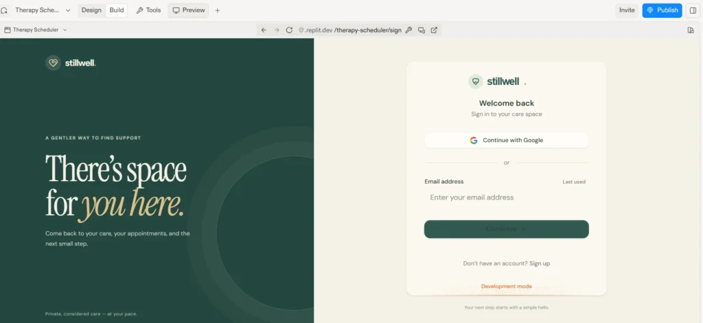 AI App Development with Replit Agent: How to Build a Healthcare App Prototype Using Vibe Coding (Step-by-Step) 3 Replit Agent therapy app sign-in screen with Continue with Google and email sign-in