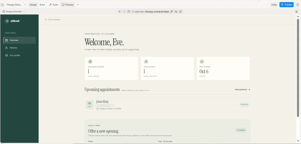 AI App Development with Replit Agent: How to Build a Healthcare App Prototype Using Vibe Coding (Step-by-Step) 7 Therapist dashboard showing upcoming sessions, one confirmed appointment with the email blurred, and the section for offering new openings