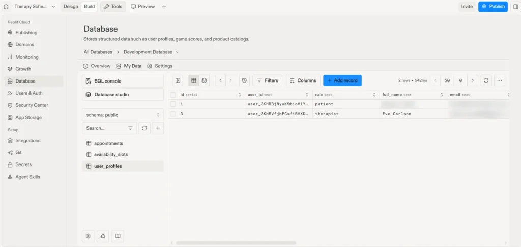 AI App Development with Replit Agent: How to Build a Healthcare App Prototype Using Vibe Coding (Step-by-Step) 5 Replit Database tool showing the user_profiles table with one patient and one therapist account, each with a single role