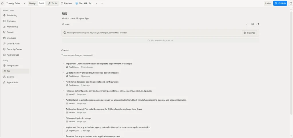 Replit Git pane showing that no Git provider is configured yet, above the project’s commit history