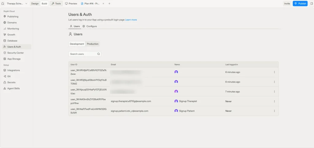 Replit Users and Auth tool listing the app’s sign-in accounts in the Development tab, with personal emails blurred
