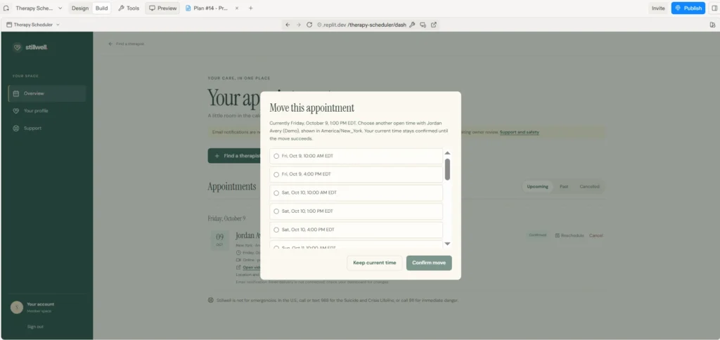Stillwell Move this appointment window listing open times, noting the current time stays confirmed until the move succeeds