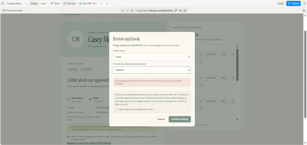 Stillwell booking window blocking an online session because the therapist has not listed Delaware