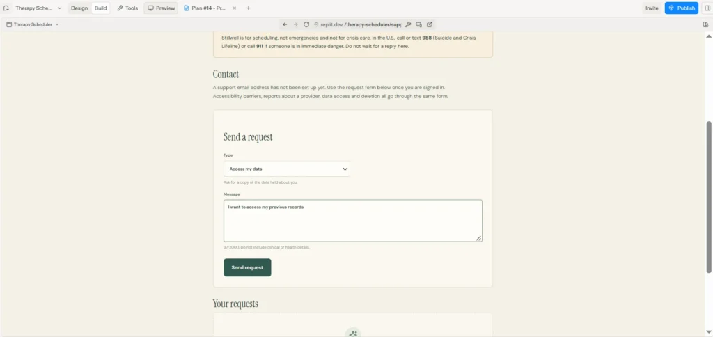 Stillwell support page with an emergency notice and a request form for data access, with a reminder not to include health details