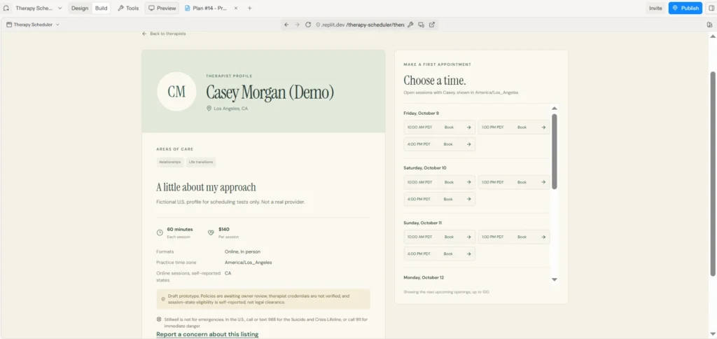 Stillwell therapist profile showing session formats, practice time zone, self-reported states, an unverified-credentials notice, and an emergency notice
