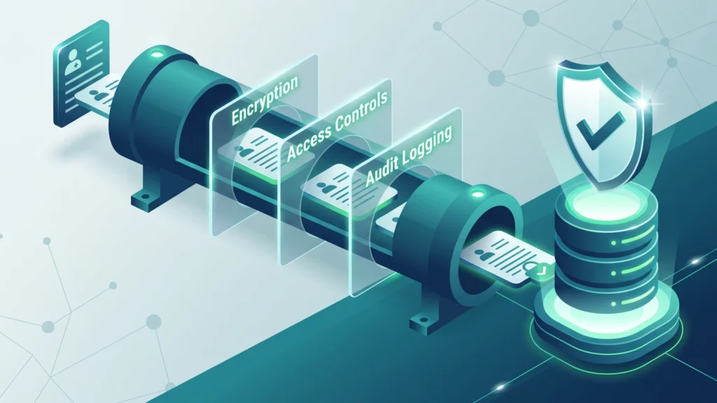 Things You Need to Know in Developing HIPAA-Compliant Healthcare Software 4 Isometric diagram illustrating modern healthcare data security best practices and ePHI encryption flow.