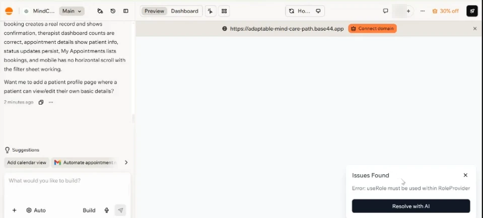 AI App Development with Base44: How to Build a Healthcare App Using Vibe Coding (Step-by-Step) 6 Base44 Issues Found panel showing the useRole must be used within RoleProvider error