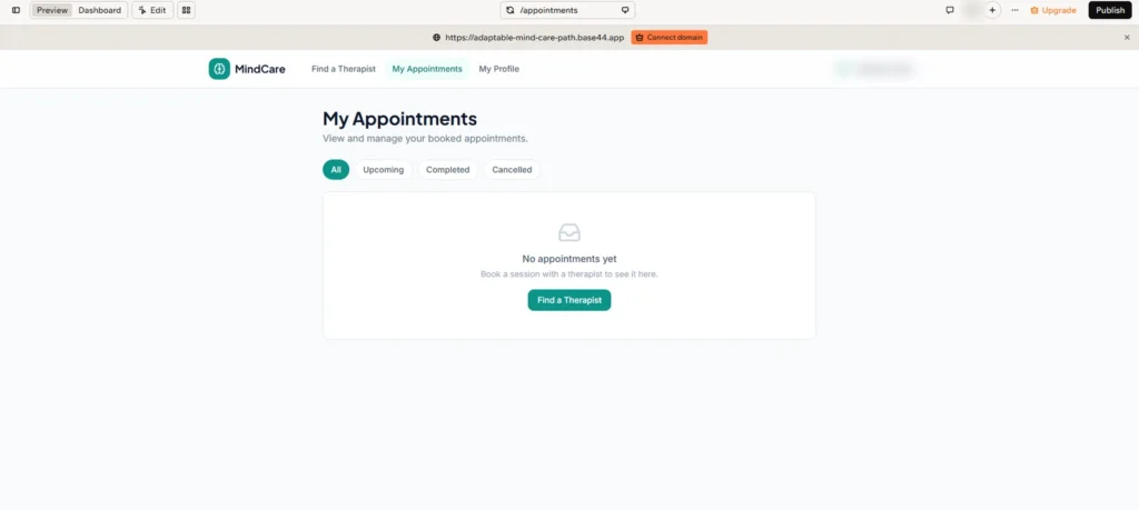 AI App Development with Base44: How to Build a Healthcare App Using Vibe Coding (Step-by-Step) 3 MindCare patient My Appointments page in Base44 showing the empty state before any booking