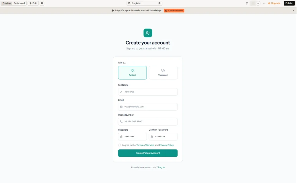 AI App Development with Base44: How to Build a Healthcare App Using Vibe Coding (Step-by-Step) 1 MindCare Create your account screen in Base44 with Patient selected and the patient sign-up form