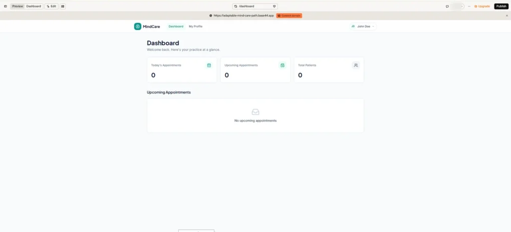 AI App Development with Base44: How to Build a Healthcare App Using Vibe Coding (Step-by-Step) 5 MindCare therapist dashboard in Base44 showing appointment and patient counts before any bookings