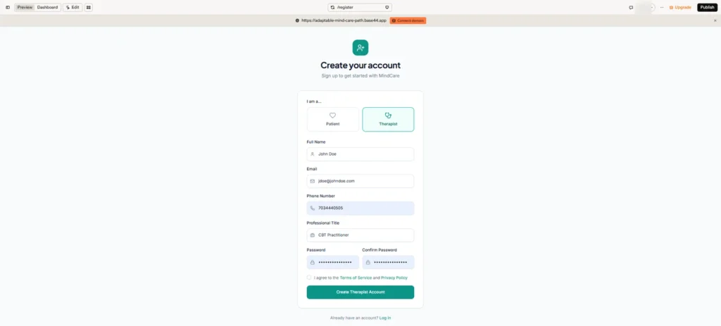 AI App Development with Base44: How to Build a Healthcare App Using Vibe Coding (Step-by-Step) 4 MindCare Create your account screen in Base44 with Therapist selected and the therapist sign-up form