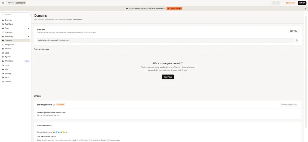 From AI Prototype to Production Ready: Deploy AI Apps with Base44 1 Base44 Domains page with Domains selected in the sidebar, showing the free app URL and custom domain settings
