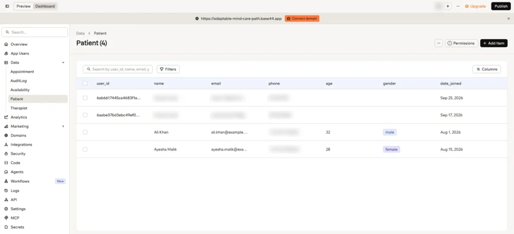From AI Prototype to Production Ready: Deploy AI Apps with Base44 4 Patient table in the Base44 Data view showing patient records, with personal details blurred