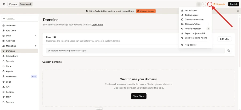 From AI Prototype to Production Ready: Deploy AI Apps with Base44 2 Base44 top-right menu showing the GitHub connection and Export project as ZIP options