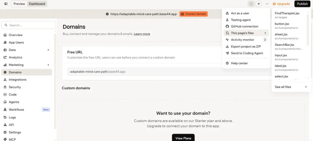 From AI Prototype to Production Ready: Deploy AI Apps with Base44 3 Base44 This page's files submenu listing the React code files behind the Find a Therapist page