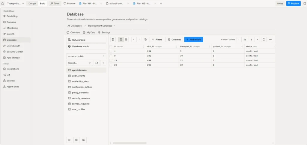 How to Make a Replit App HIPAA Compliant (Step-by-Step Guide) 4 Appointments table showing appointment 19 still present with status cancelled