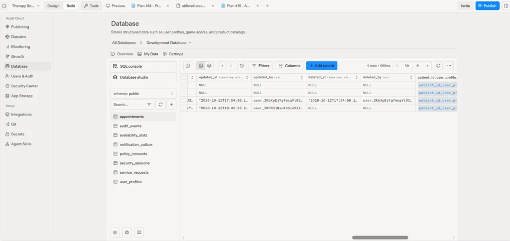 How to Make a Replit App HIPAA Compliant (Step-by-Step Guide) 5 Appointments table showing updated_by, deleted_at, and deleted_by filled in for a cancelled appointment
