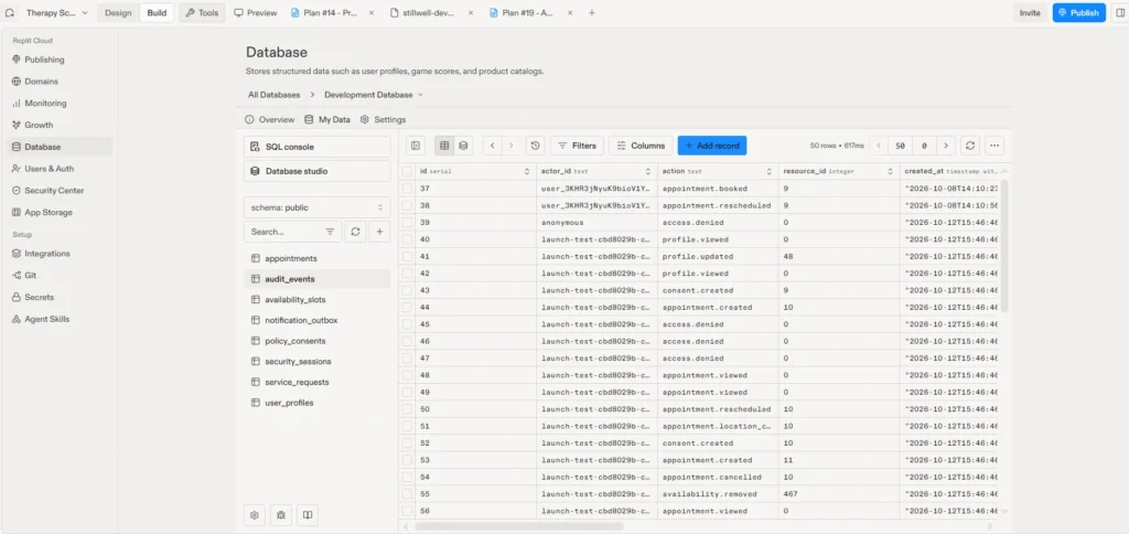 How to Make a Replit App HIPAA Compliant (Step-by-Step Guide) 2 Replit Database tool showing audit_events entries for booked, rescheduled, cancelled, viewed, and denied actions