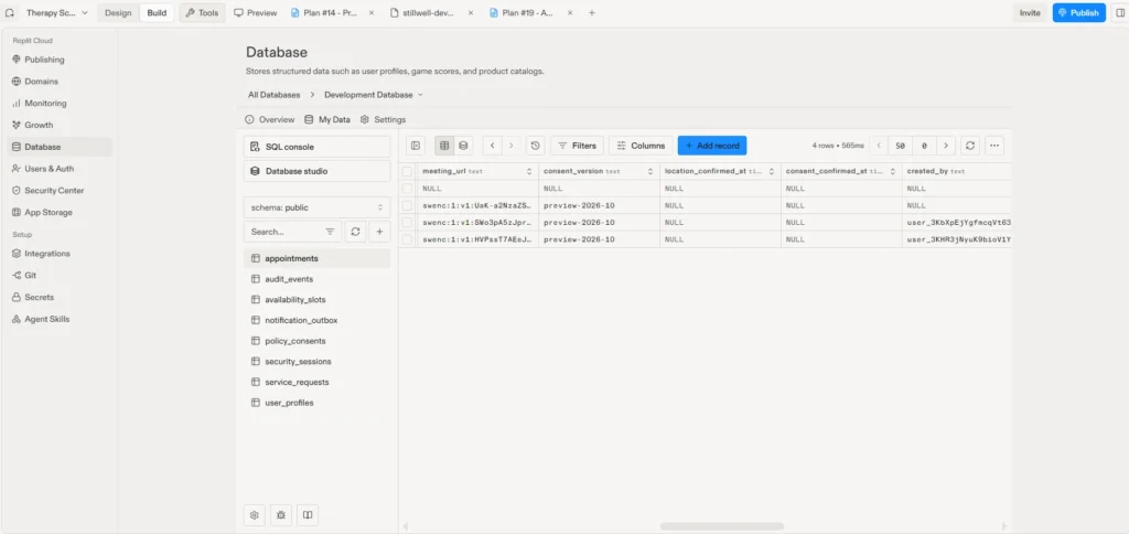 How to Make a Replit App HIPAA Compliant (Step-by-Step Guide) 8 Appointments table showing encrypted meeting links stored as unreadable text, with created_by filled in