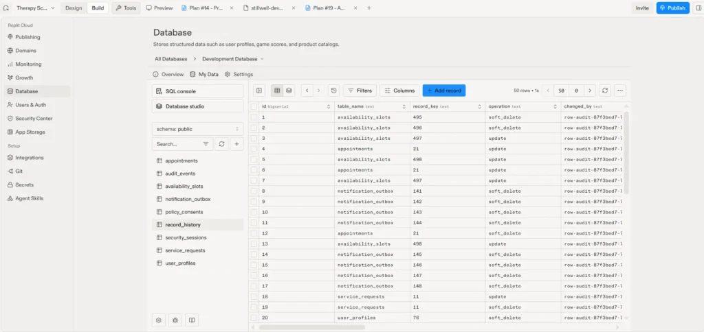 How to Make a Replit App HIPAA Compliant (Step-by-Step Guide) 6 Replit Database tool showing the record_history table with updates and soft deletes across appointments, availability slots, profiles, and service requests