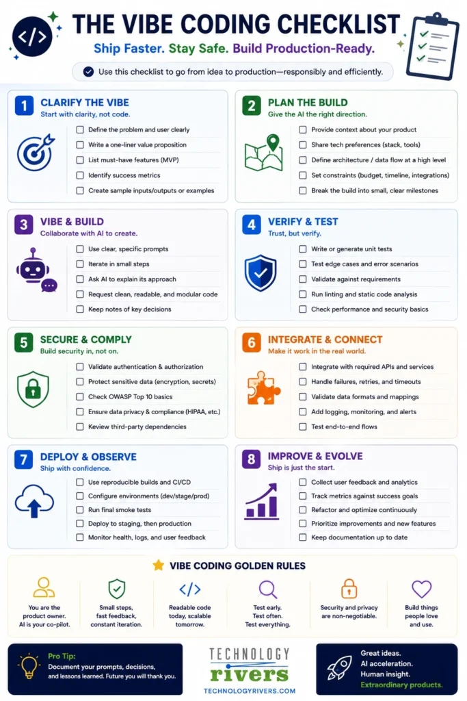 How to Vibe Code: From Idea to Production-Ready, HIPAA-Ready Application 8 Eight-step vibe coding checklist from clarifying the idea to production deployment