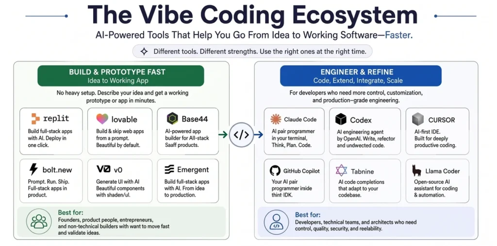 How to Vibe Code: From Idea to Production-Ready, HIPAA-Ready Application 2 Vibe coding ecosystem showing AI tools for building and engineering applications