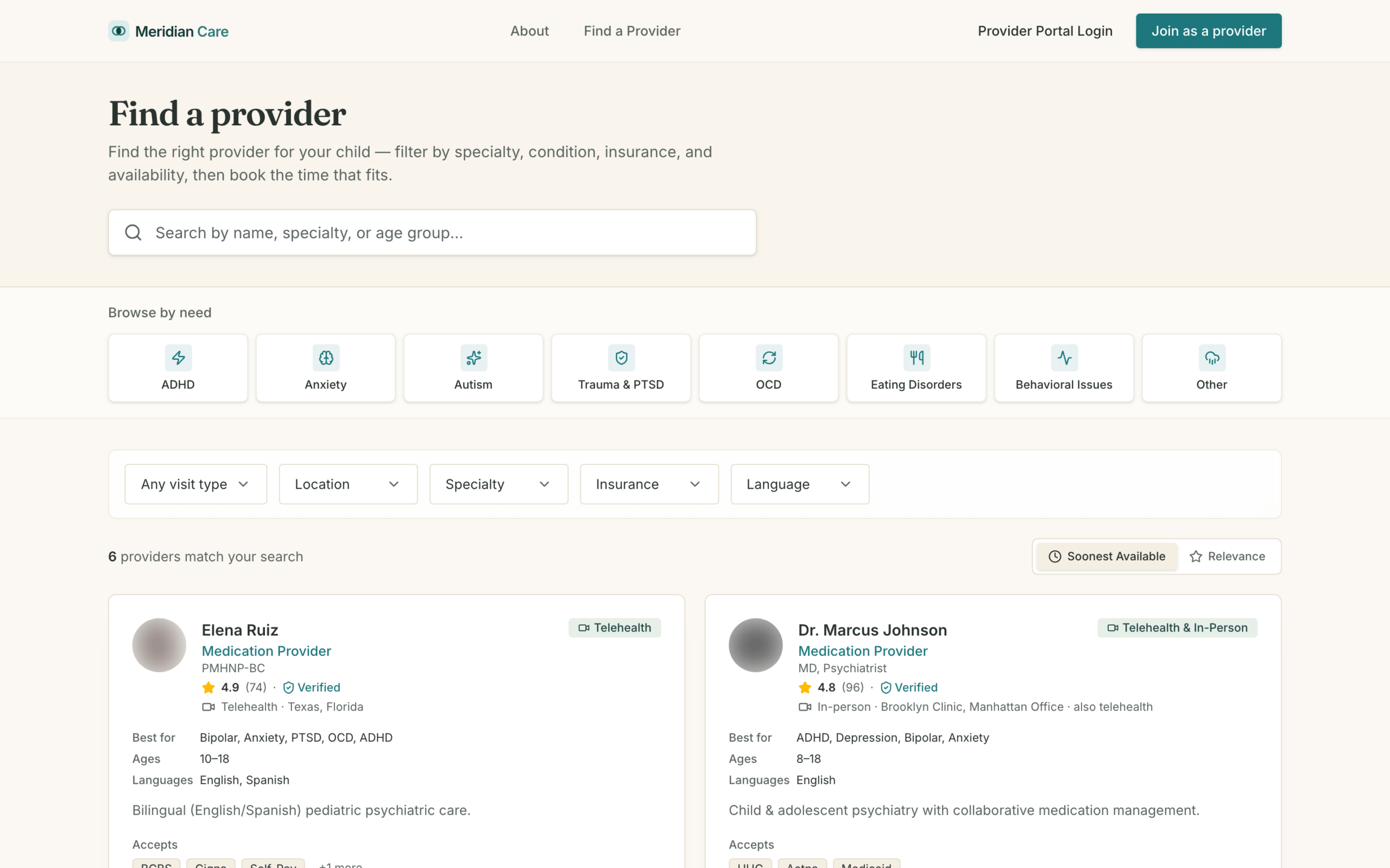 A HIPAA behavioral health platform, built with our AI-driven workflow 10 Provider search with filters