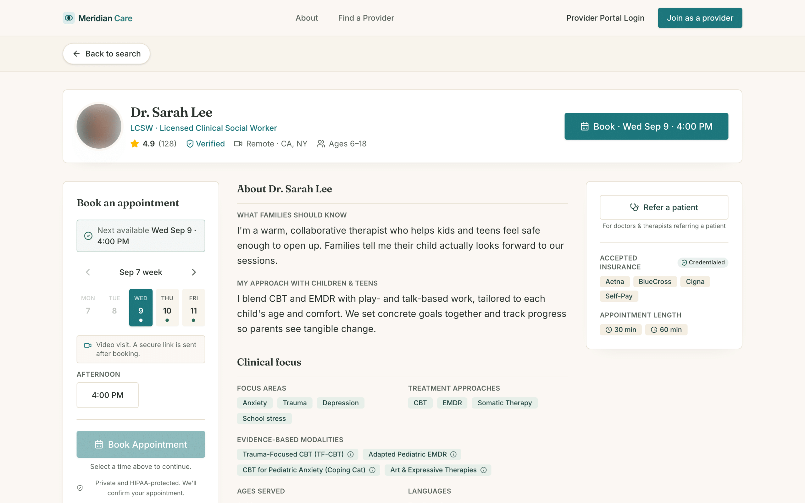 A HIPAA behavioral health platform, built with our AI-driven workflow 11 Provider profile with availability