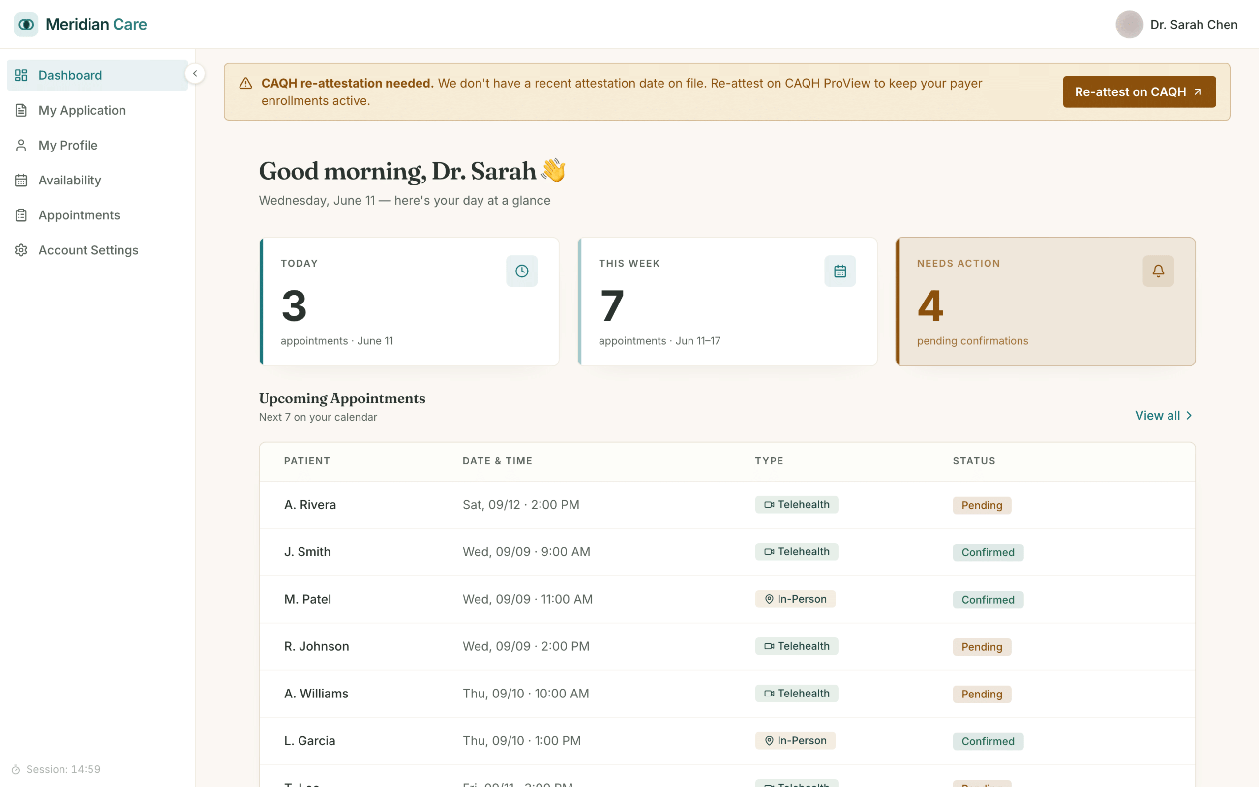 A HIPAA behavioral health platform, built with our AI-driven workflow 12 Provider portal dashboard