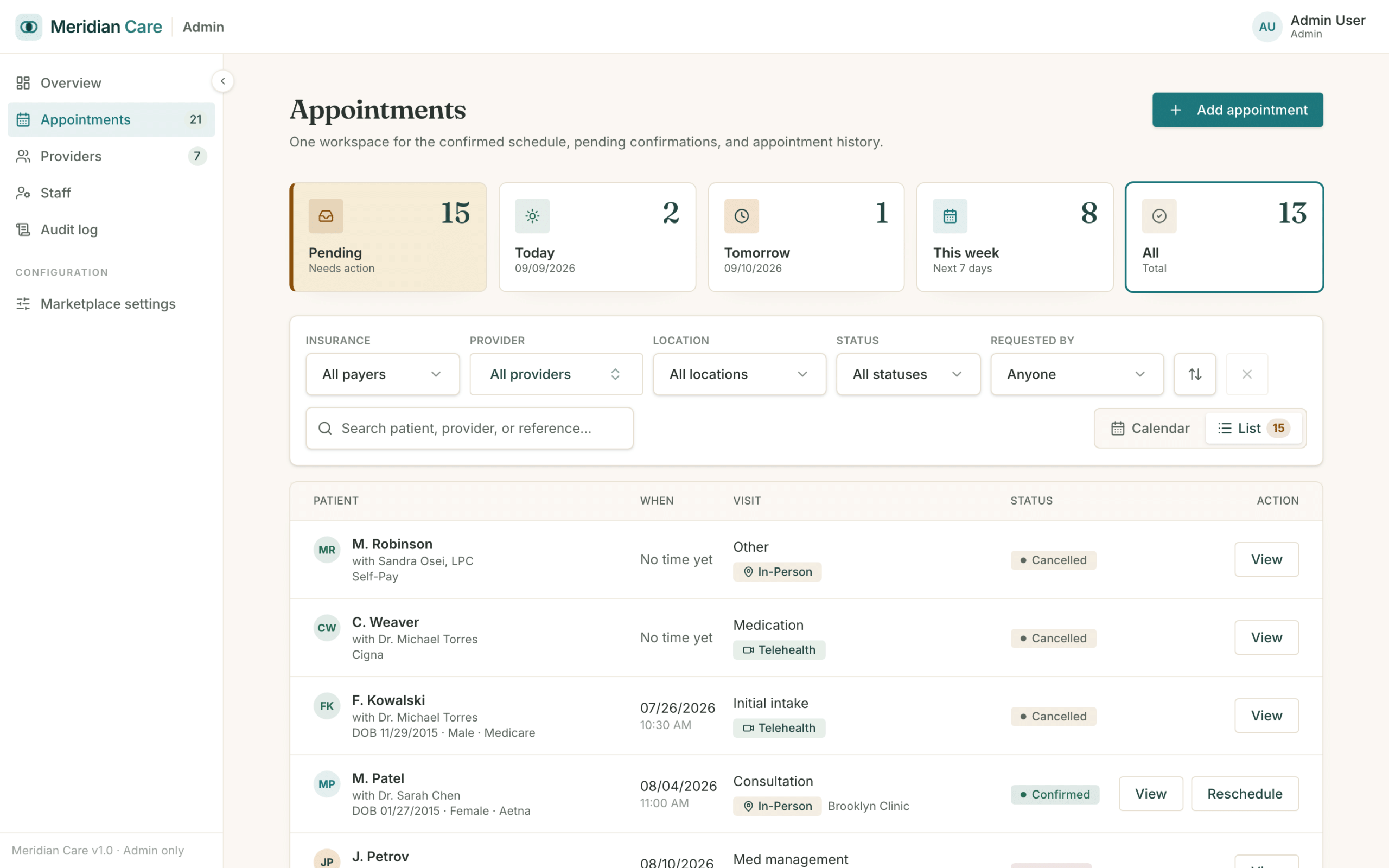 A HIPAA behavioral health platform, built with our AI-driven workflow 13 Admin console schedule