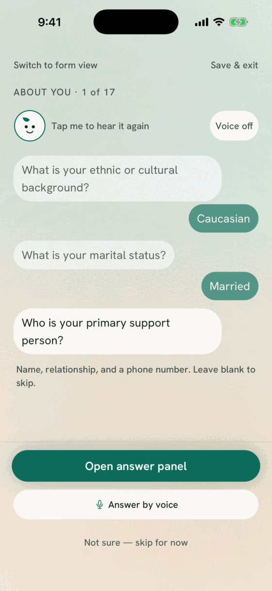 The intake chat view on an iOS simulator