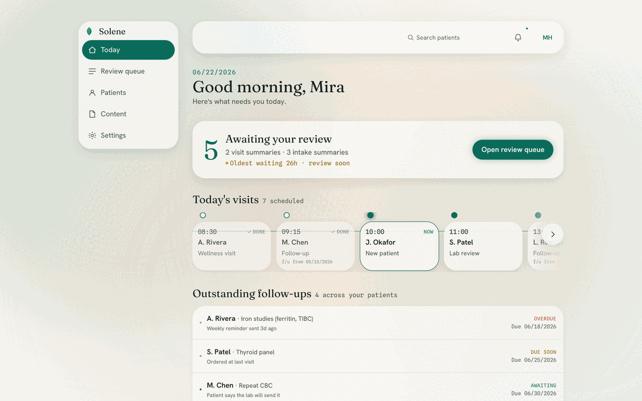 Clinician dashboard showing the review queue, the day's visits and outstanding follow-ups
