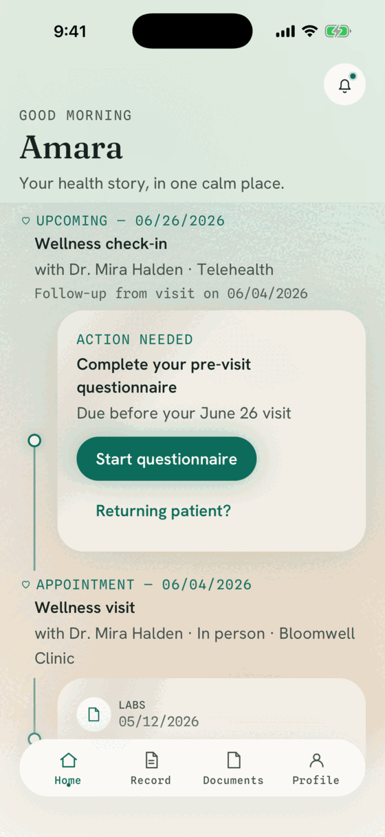 Patient app home screen showing a timeline of appointments and actions