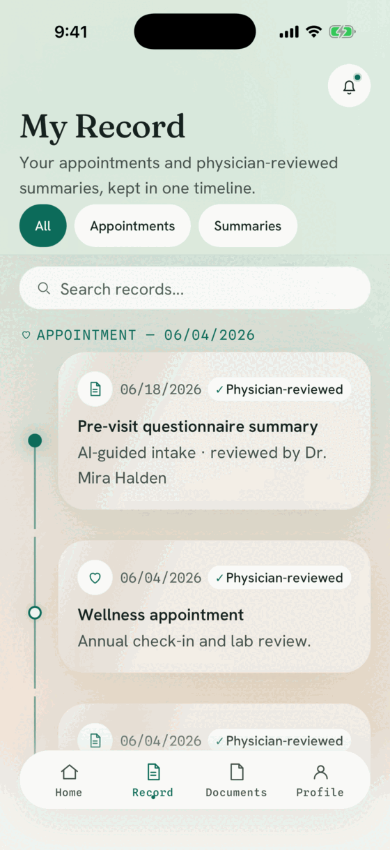 Patient app record screen