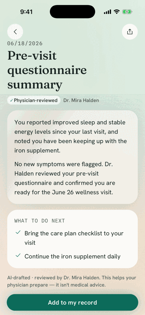 An approved summary in the patient app, naming the reviewing clinician