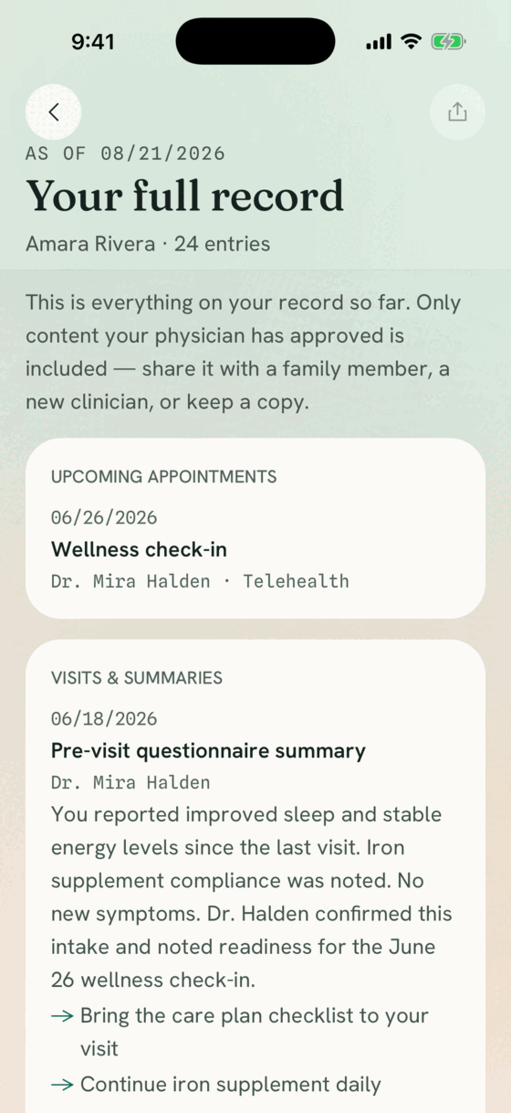 The patient's full record, ready to export and share
