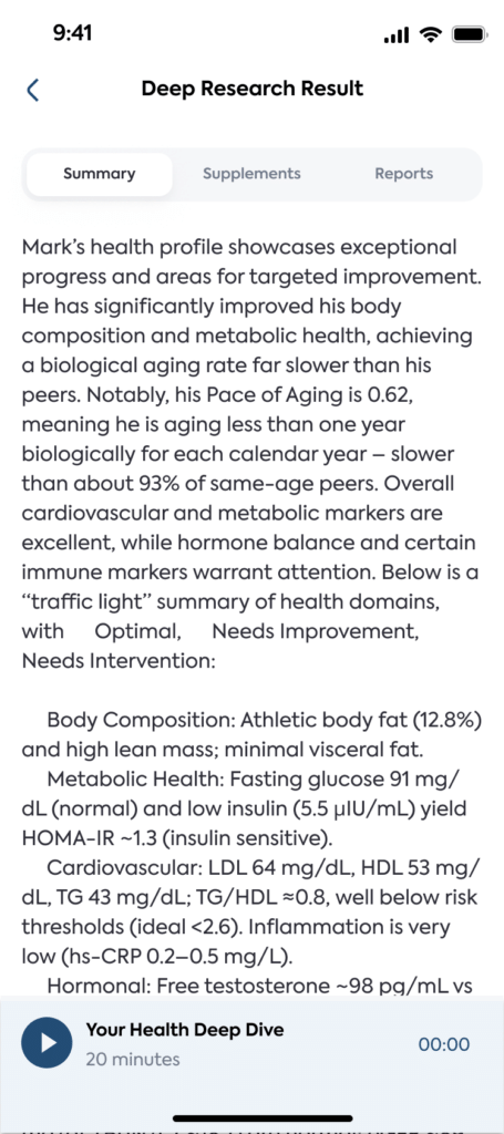 Nucora AI-generated health report presenting personalized measurements and analysis