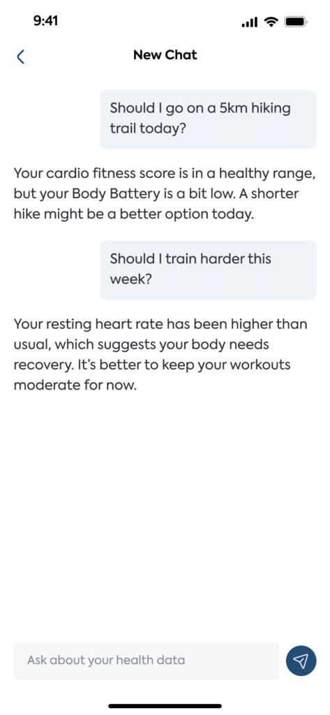 Nucora conversational AI assistant answering questions about personal health data