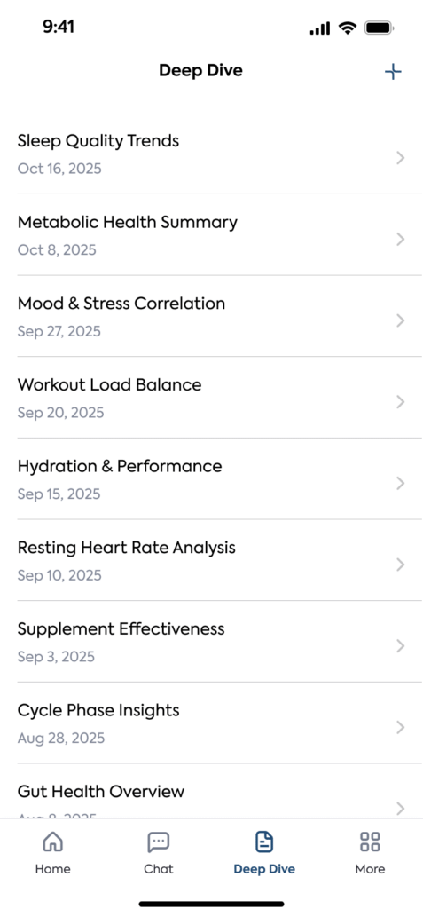 Nucora mobile app showing historical health measurements and trend analysis