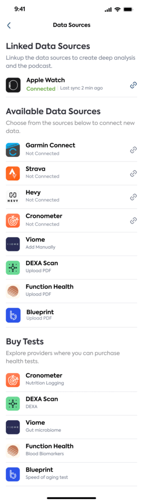 Nucora application showing connected wearable and health data sources