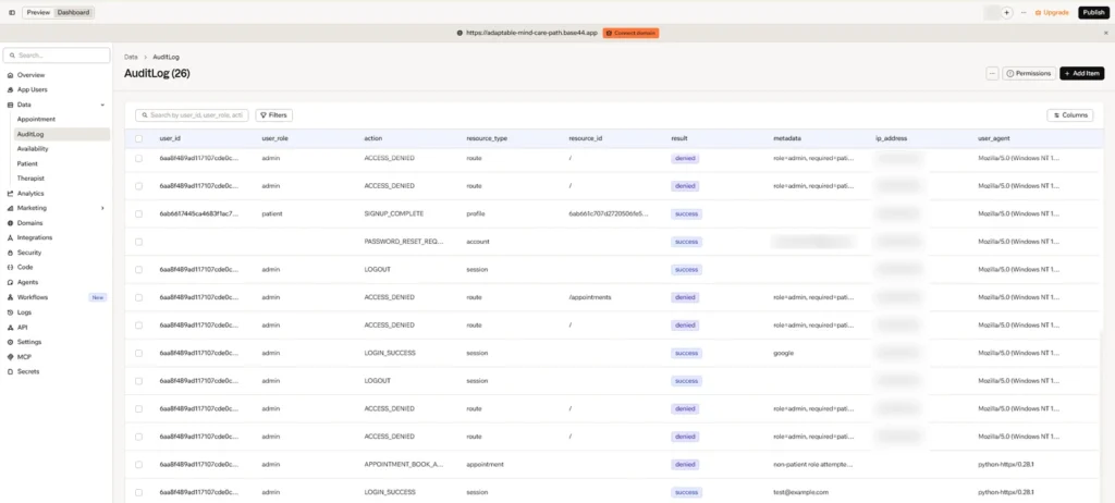 Base44 AuditLog table showing denied access entries with role-based metadata, including a blocked direct API booking attempt