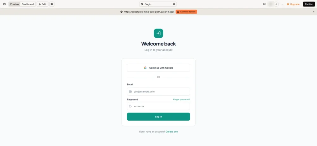MindCare login screen in Base44 with Continue with Google and email and password fields